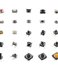 125 Piece Tactile Switch Kit With 25 Value Micro Momentary Push Button Switches for SMD and DIP, assorted types and pin configurations.