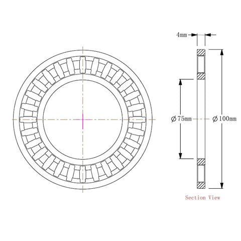 Diagram of Heavy Duty Thrust Needle Roller Bearing Set With Two Washers, ID 75mm, OD 100mm, 4mm Wide
