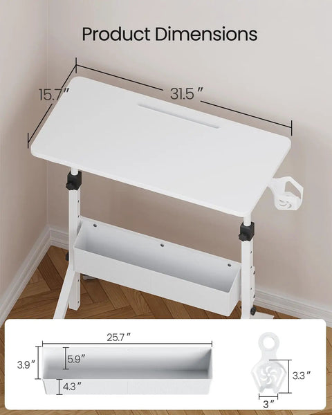 Mobile Standing Desk With Wheels, Height Adjustable From 28.3 To 46.3 Inches, White; features measurements and storage basket.