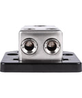 Power Distribution Block For Car Audio With 1/0 Or 4 AWG In Dual 4/8 AWG Out Solid Zinc Alloy For Maximum Conductivity Premium Block Cover Reducers Included Heavy Duty Mounting Block For Clean Wiring And Safe Install, front view