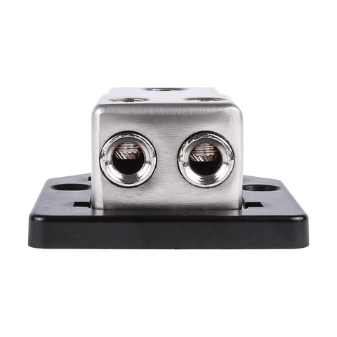 Power Distribution Block For Car Audio With 1/0 Or 4 AWG In Dual 4/8 AWG Out Solid Zinc Alloy For Maximum Conductivity Premium Block Cover Reducers Included Heavy Duty Mounting Block For Clean Wiring And Safe Install, front view