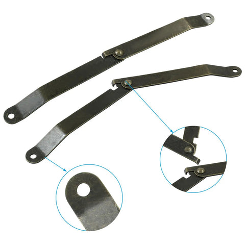 2 Pack Folding Lid Support Hinges Antique Bronze Rotating Iron Hinge for cabinets, chests; close-up on hinge details, 97mm x 11mm.
