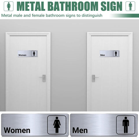 Two Pack Aluminum Restroom Signs For Men And Women Self Adhesive Metal Bathroom Door Wall Signage For Offices Restaurants Public Places 9 By 3 Inches Silvery Finish Easy Mount