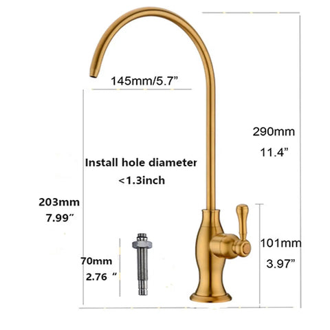 Brushed Gold Drinking Water Faucet For Under Sink RO System, Stainless Steel Filter Faucet, dimensions labeled on diagram