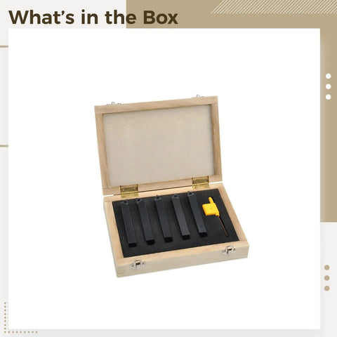 Five Piece Metal Lathe Cutting Tool Set With 10 mm Shank Indexable Turning Bits Carbide Inserts For CNC Machining Wrench And Wooden Case in open wooden box.