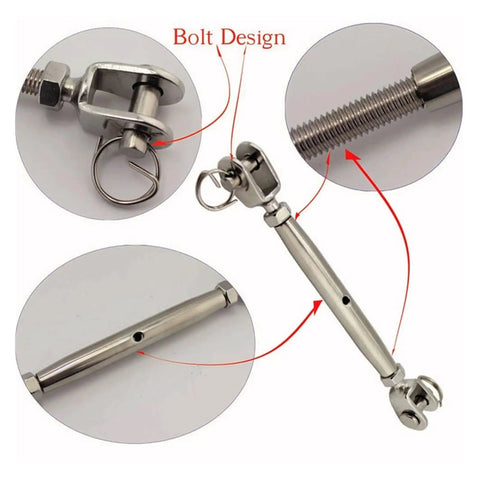 Rock Hard 304 Stainless Steel Swivel Jaw Turnbuckles For Marine Sailboat Rigging close-up of bolt design and threading features.