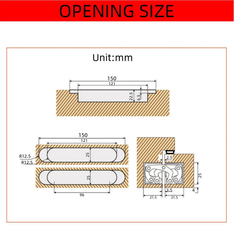 Diagram showing dimensions for Hidden Door Hinges 6 Inch Heavy Duty Concealed 180 Degree Swing 3 Way Adjustable Butt Hinges