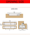 Heavy Duty 6 Inch Hidden Door Hinges 180 Degree Flush Mount Concealed Butt Hinge opening size dimensions in mm.