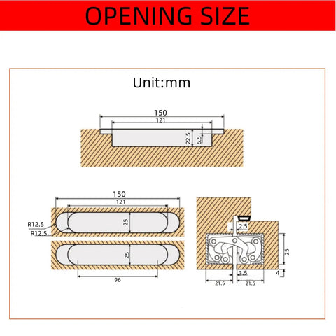 Heavy Duty 6 Inch Hidden Door Hinges 180 Degree Flush Mount Concealed Butt Hinge opening size dimensions in mm.
