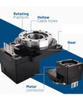 Built Tough Hollow Shaft Rotary Actuator Table shows rotating platform, hollow cable holes, and gear detail for precision handling.