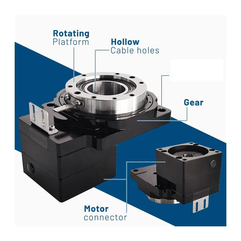 Built Tough Hollow Shaft Rotary Actuator Table shows rotating platform, hollow cable holes, and gear detail for precision handling.