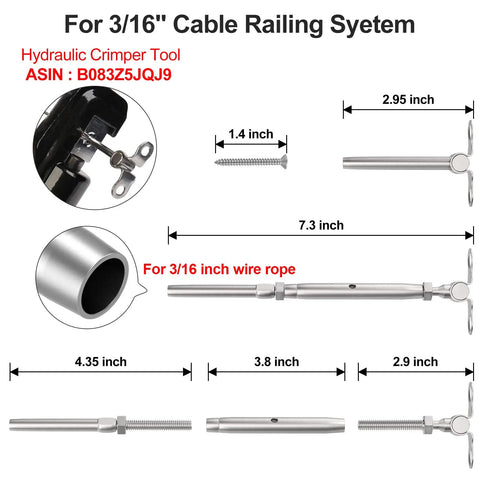 Adjustable 3/16 Inch Cable Railing Kit For 2x2 And 4x4 Wood Posts Stainless Steel Hardware With measurements and components displayed.