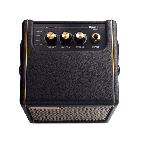 Spark MINI 10W Portable Guitar Amp And Bluetooth Speaker With 8 Hour Battery Life, black, top view showing control panel.