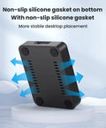 M2 NVMe And SATA To USB C Docking Station Including USB A Reader Adapter For Blazing Fast Transfers With Plug And Chug Setup showing non-slip silicone gasket for stability.