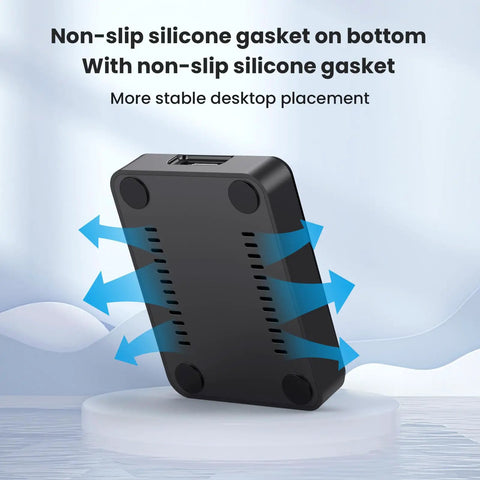 M2 NVMe And SATA To USB C Docking Station Including USB A Reader Adapter For Blazing Fast Transfers With Plug And Chug Setup showing non-slip silicone gasket for stability.