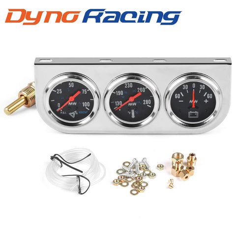 Front view of Dyno Racing chrome triple gauge kit with 52mm oil, temp, and amp gauges; includes tubing and fittings.