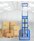 Heavy Duty Hydraulic Lift Table For Warehouse Cargo Handling With Smooth Quiet Movement, blue steel frame beside stacked cardboard boxes.