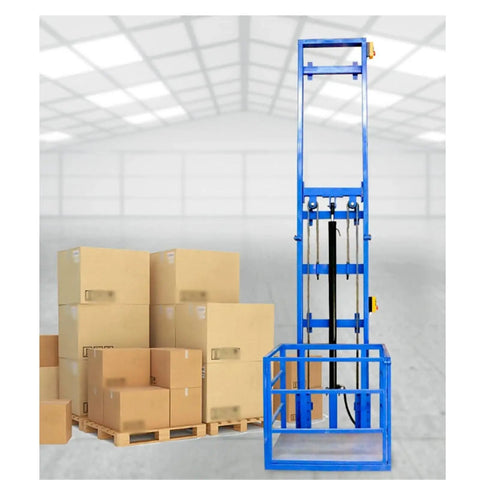 Heavy Duty Hydraulic Lift Table For Warehouse Cargo Handling With Smooth Quiet Movement, blue steel frame beside stacked cardboard boxes.