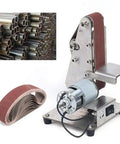 Electric Mini Belt Sander Heavy Benchtop Grinder And Polisher Sporting 9000Rpm Adjustable Speed, compact design with sanding belt and motor.