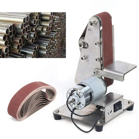 Electric Mini Belt Sander Heavy Benchtop Grinder And Polisher Sporting 9000Rpm Adjustable Speed, compact design with sanding belt and motor.