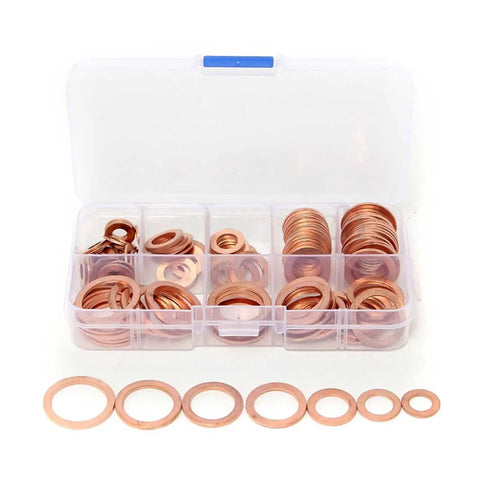 120 Piece Sump Plug Washer Set Dope Copper, 8 Sizes, Clear Plastic Box, Perfect For Cars, Boats, Generators And Heavy Machinery, Durable Hardware Kit For Leak Free Seals And Quick Repairs in clear case