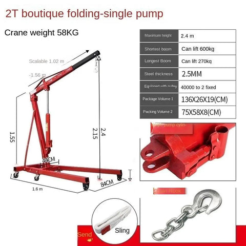Heavy Duty Foldable Hydraulic Garage Engine Hoist With Two Ton Capacity And Four Stage Extendable Boom dimensions and specifications chart