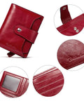 Women Leather Wallet RFID Blocking Small Bifold Zipper Pocket Card Case Purse With ID Window Red, stitch details