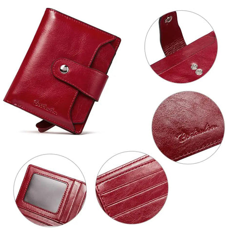 Women Leather Wallet RFID Blocking Small Bifold Zipper Pocket Card Case Purse With ID Window Red, stitch details