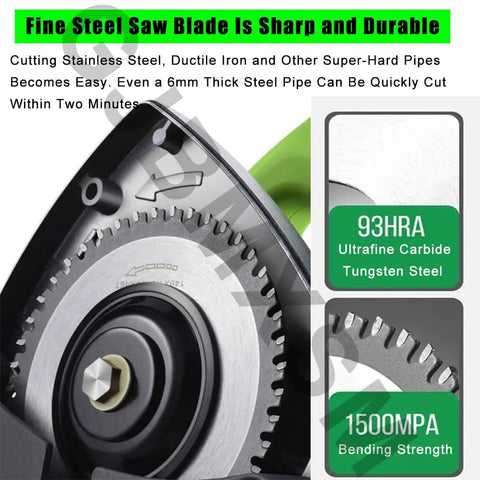 Close-up of Fully Automatic Electric Pipe Cutter For 15 To 400 mm Tubes With Heavy Duty Stainless Steel Blade showing 93HRA steel