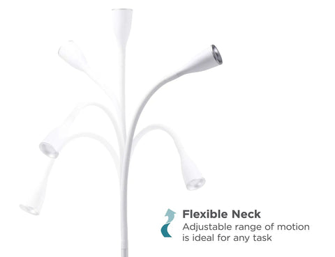 LED Gooseneck Floor Lamp With A 54 Inch Adjustable Neck, Weighted Base, White Finish, showing flexible neck positions