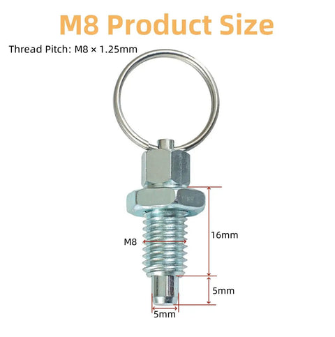 Badass Carbon Steel Six Piece Indexing Plunger Set Featuring Slick Telescopic Lock Pin And Hella Tough Spring Loaded Quick Release Tool Perfect For Daily Garage Work And M8 Thread Repairs, showing M8 thread size measurements.
