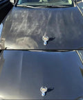 Shiny Car Stuff hand-applied clear coat on Cadillac hood, front view; dull black paint with emblem.

Shiny Car Stuff hand-applied clear coat on Cadillac hood, front view; glossy black finish with emblem.