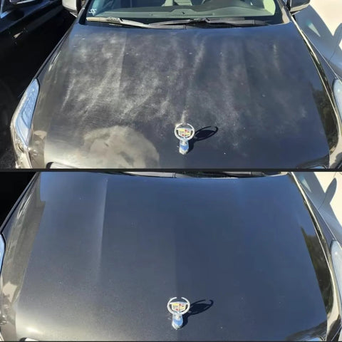 Shiny Car Stuff hand-applied clear coat on Cadillac hood, front view; dull black paint with emblem.

Shiny Car Stuff hand-applied clear coat on Cadillac hood, front view; glossy black finish with emblem.