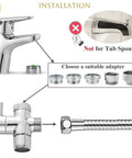 Installation guide for Three Mode Faucet Sprayer Attachment with 5.9 Foot Hose and brass adapters, not for tub spout.
