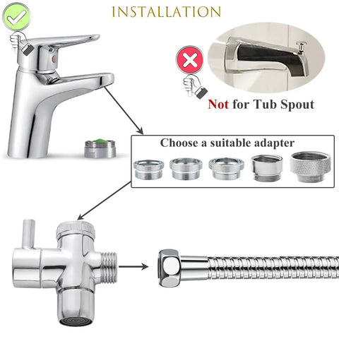 Installation guide for Three Mode Faucet Sprayer Attachment with 5.9 Foot Hose and brass adapters, not for tub spout.