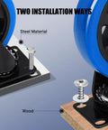 Close-up of Humagineer 5-inch caster set of four with brake plates; blue wheels and steel hardware for carts/workbenches