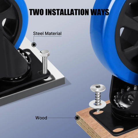 Close-up of Humagineer 5-inch caster set of four with brake plates; blue wheels and steel hardware for carts/workbenches