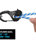 CamJam XT Aluminum Rope Tightener Large With Carabiner Clip holding blue and white rope, fits rope sizes 1/8" to 3/8"