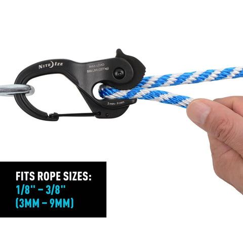 CamJam XT Aluminum Rope Tightener Large With Carabiner Clip holding blue and white rope, fits rope sizes 1/8" to 3/8"