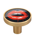 Four Piece Sweet Red Lips Round Drawer Knobs With Hassle Free Screw Hardware For Kitchen Cabinets Dressers And Vanity Drawers Super Chic Home Update Fresh Vibe Alert, lip-shaped knob with red lips design on glossy black background.