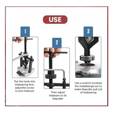 Step-by-step instructions for using the Shop Pro Built Tough 5 To 10 Ton Hydraulic Three Jaw Bearing Puller Kit.