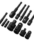 Super Cool 12-Piece Drill Socket Adapter Extender Set for Impact Drivers, Includes 1/4 Inch 3/8 Inch And 1/2 Inch Hex Shank Converters Plus Reducer Kit With Detent Ball, Perfect For Cranky Tight Spots In Any Garage Or Shop Job You Gotta Handle Today. black steel adapters and reducers