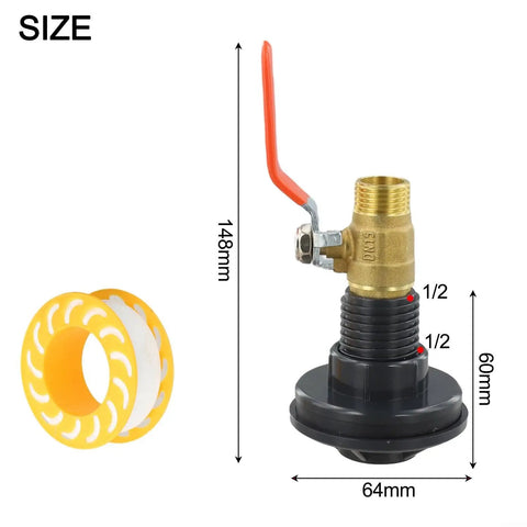 Rock Solid One Half Inch Brass Ball Valve With Bsp Male Threads For Water Line Connections Built Tough For Long Haul Performance And Super Easy Diy Installation with orange lever and dimensions.