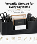 Black PU Leather Desk Organizer and Pen Holder for Office holds pens, scissors, business cards, remote, keys in clutter-free tray.