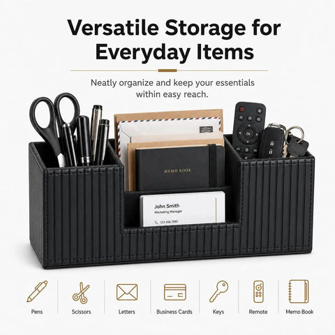 Black PU Leather Desk Organizer and Pen Holder for Office holds pens, scissors, business cards, remote, keys in clutter-free tray.