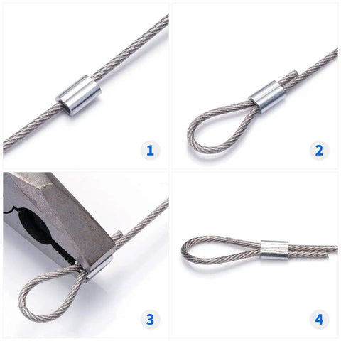 1/16 Inch Aluminum Wire Rope Ferrules Loop Sleeves Crimping Set 200 Pieces For Cable Crimps Pro Grade Aluminum With Easy Lock Ends To Lock Tight Using Pliers Or Vise Smooth Clean Crimps On Small Diameter Rope, wire rope loop and crimping pliers