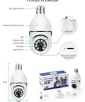 Light Bulb Security Camera With 1080P Full HD, 360 Degree Panoramic View, showing mic, LEDs, and HD lens, packaging included.