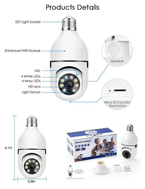Light Bulb Security Camera With 1080P Full HD, 360 Degree Panoramic View, showing mic, LEDs, and HD lens, packaging included.