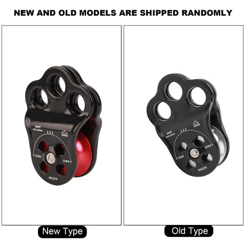 New and old Dual Bearing Hitch Climber Pulley For Arborist Tree Climbing With 3 Hole Side Plate 30kN Load shown side by side.