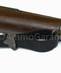 M1 Garand USGI Pattern Web Sling Two Point Black Cotton Made In USA For M1 Garand Rifles attached to wooden stock section
